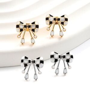 S925 sterling silver stud earrings black and white checkerboard bow earrings