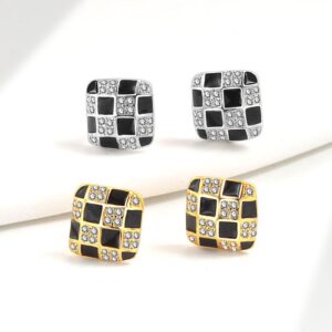S925 sterling silver stud earrings black and white checkerboard earrings