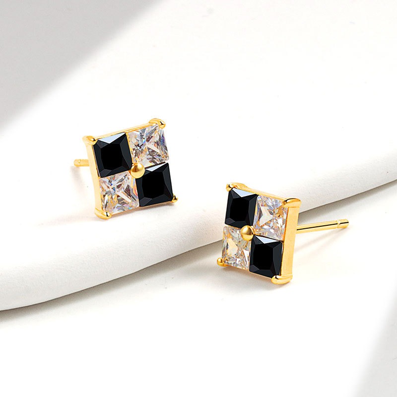 S925 sterling silver stud earrings square black and white checkerboard earrings - Image 4
