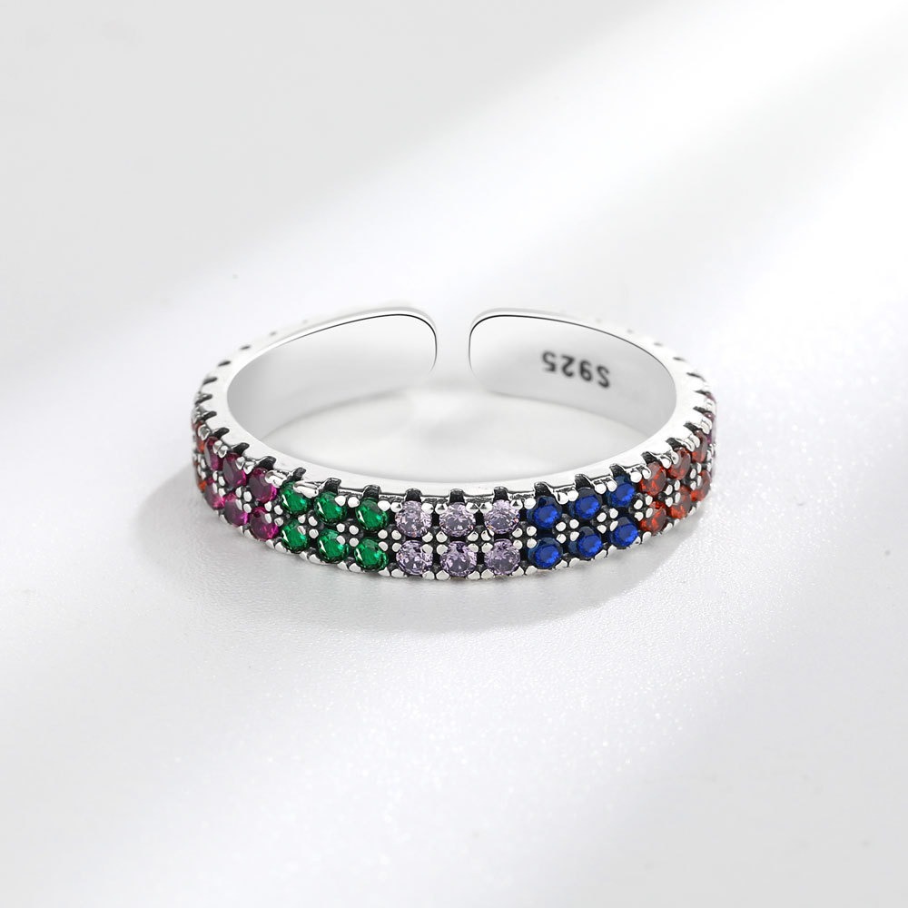 S925 Sterling Silver Ring Opening Adjustable Rainbow Full Diamond Ladies Ring - Image 4