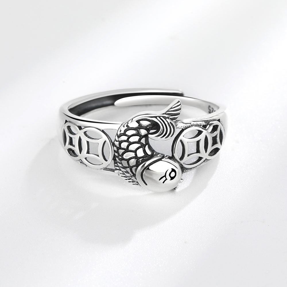 S925 Sterling Silver Ring Opening Adjustable Koi Copper Coin Ring Women's Ring - Image 4