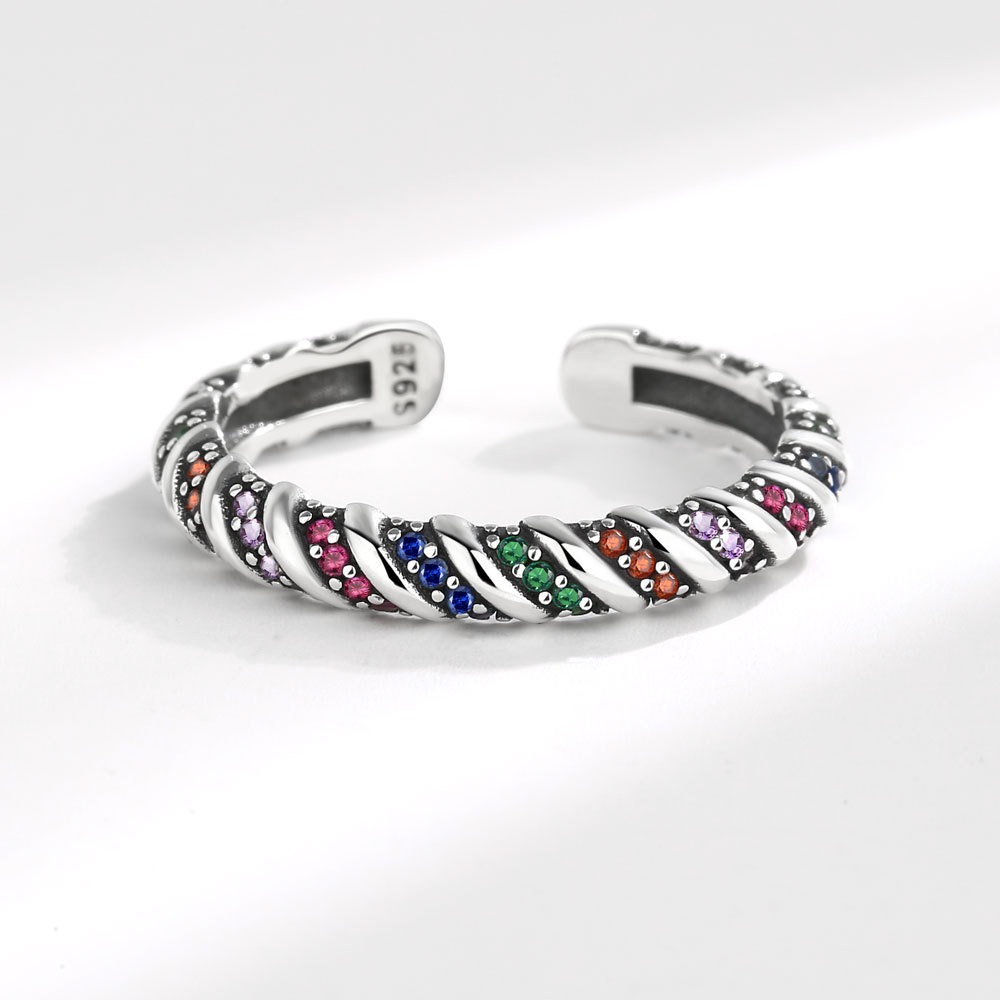 S925 Sterling Silver Ring Opening Adjustable Colored Striped Women's Ring - Image 4
