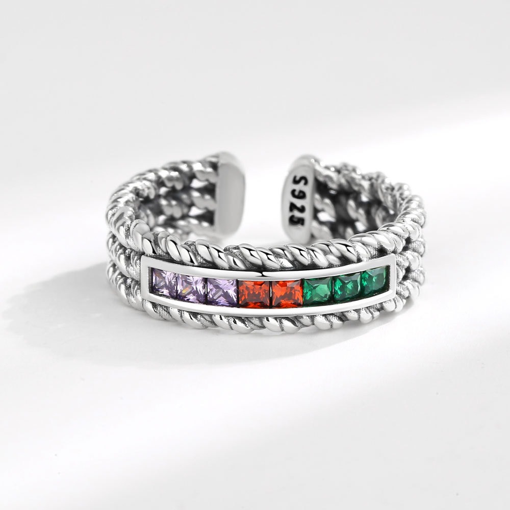 S925 Sterling Silver Ring Opening Adjustable Colored Striped Women's Ring - Image 4