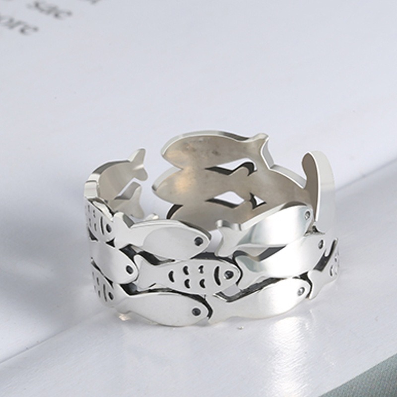 S925 sterling silver ring opening adjustable small fish women's ring - Image 4