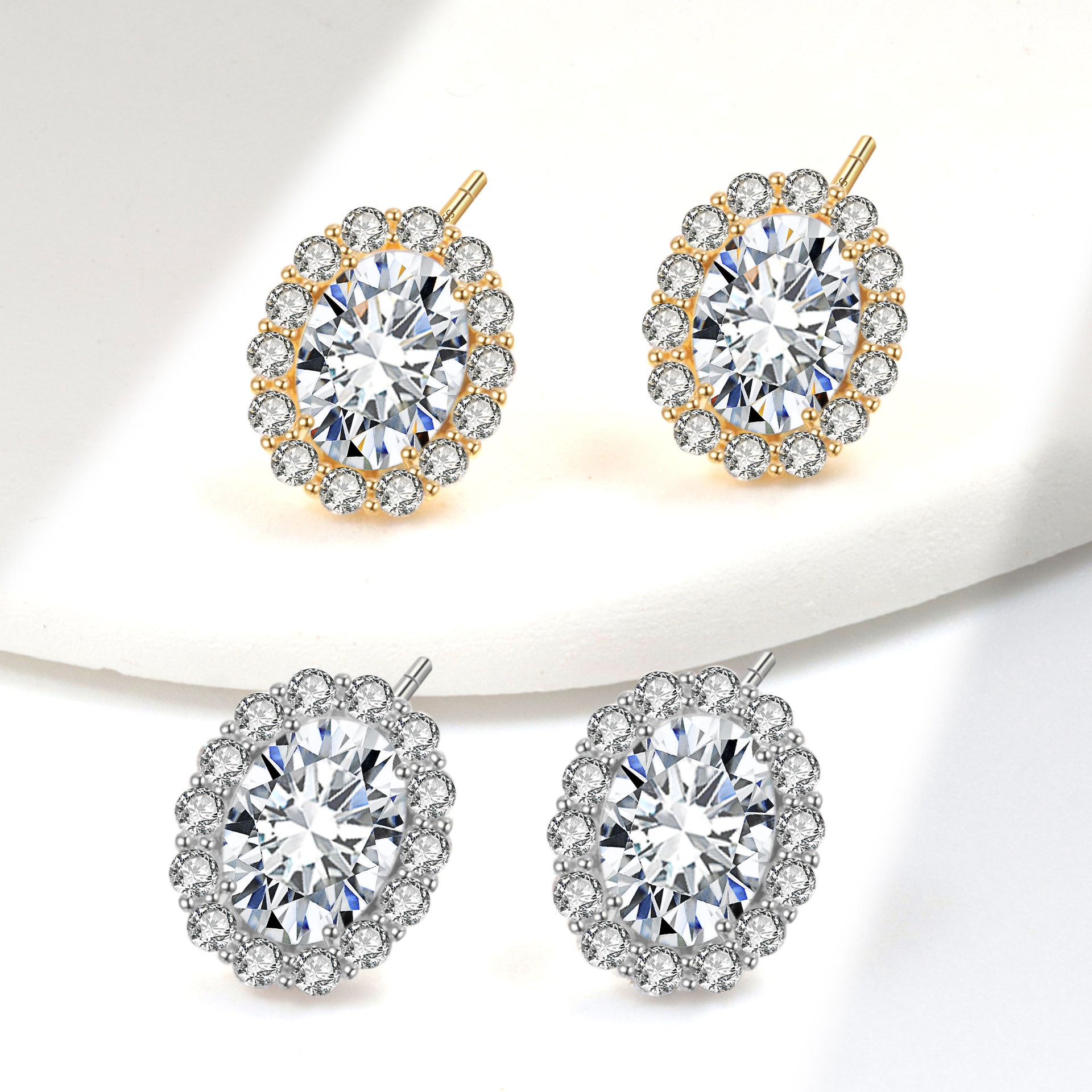 S925 sterling silver stud earrings oval zircon earrings