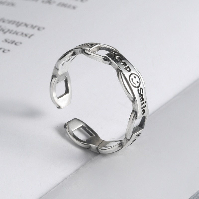 S925 Sterling Silver Ring Opening Adjustable Smiley Chain Women's Ring - Image 4