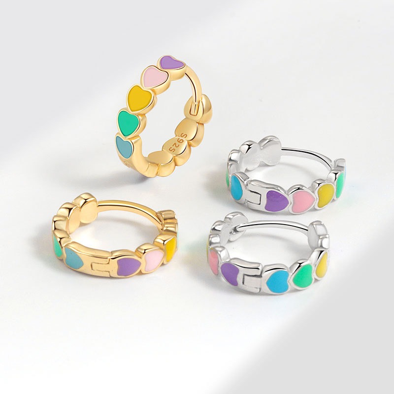 S925 sterling silver stud earrings colorful heart-shaped drip oil craft earrings
