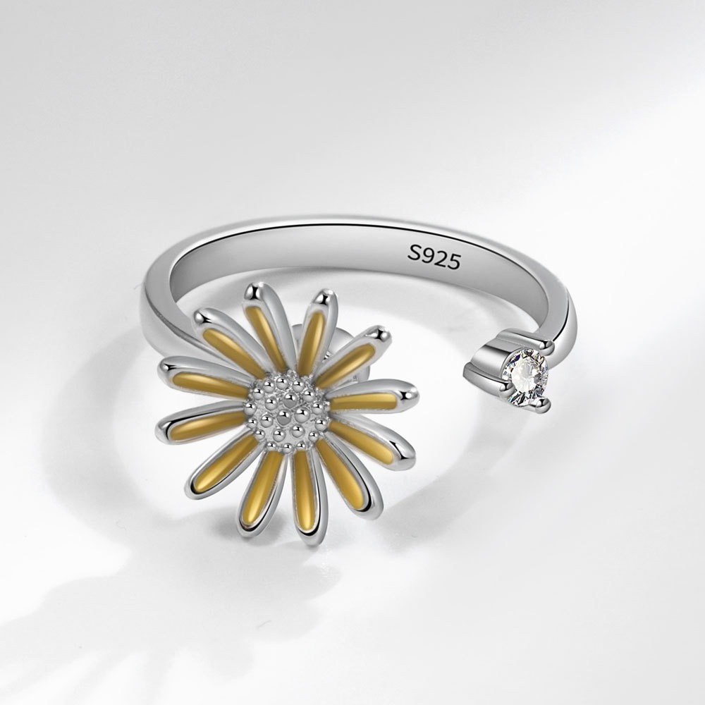 S925 sterling silver ring opening adjustable rotating sunflower ring for women - Image 4