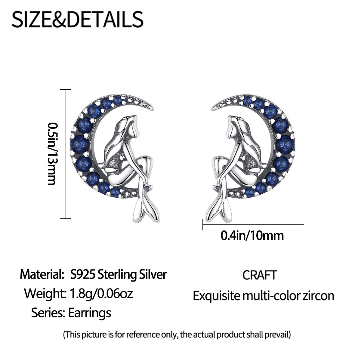 S925 sterling silver stud earrings mermaid earrings - Image 4
