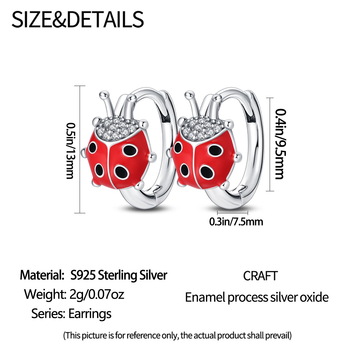 S925 sterling silver stud earrings Seven star ladybug earrings - Image 4