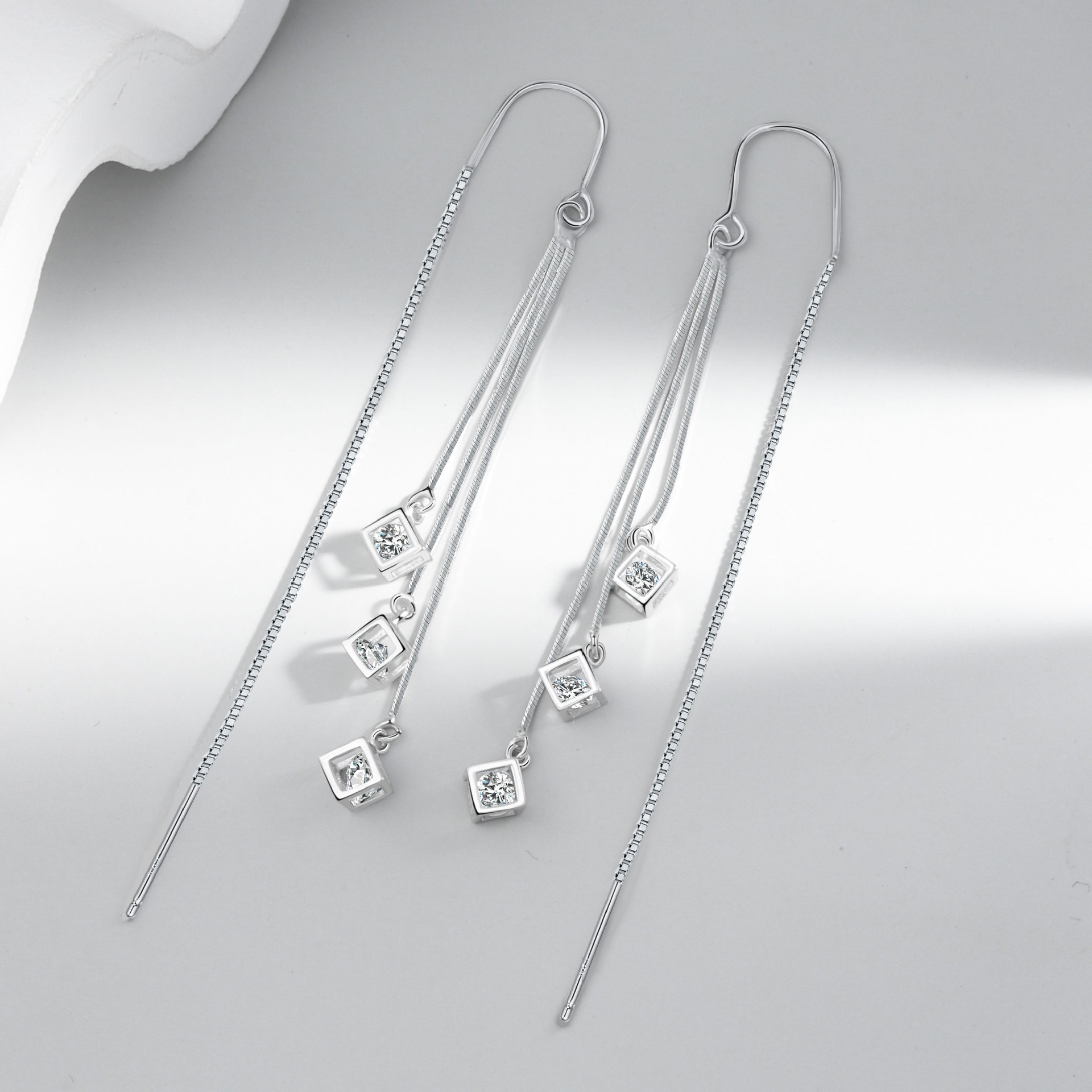 S925 sterling silver stud earrings long tassel cube earrings - Image 3