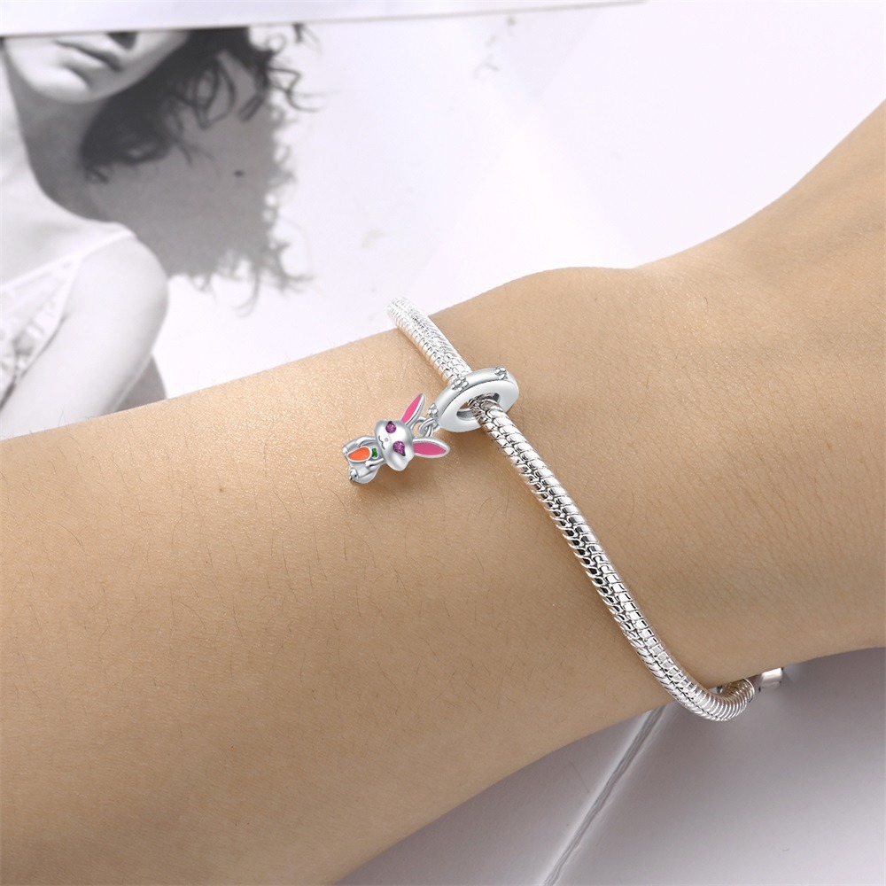 S925 sterling silver beaded DIY cartoon carrot rabbit bracelet accessories - Image 3