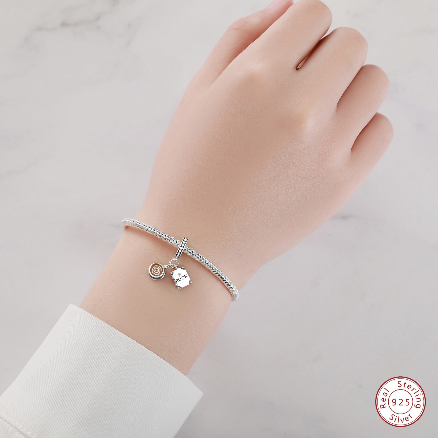 S925 Sterling Silver Beaded DIY Coffee Mug Book Bracelet Accessories - Image 3