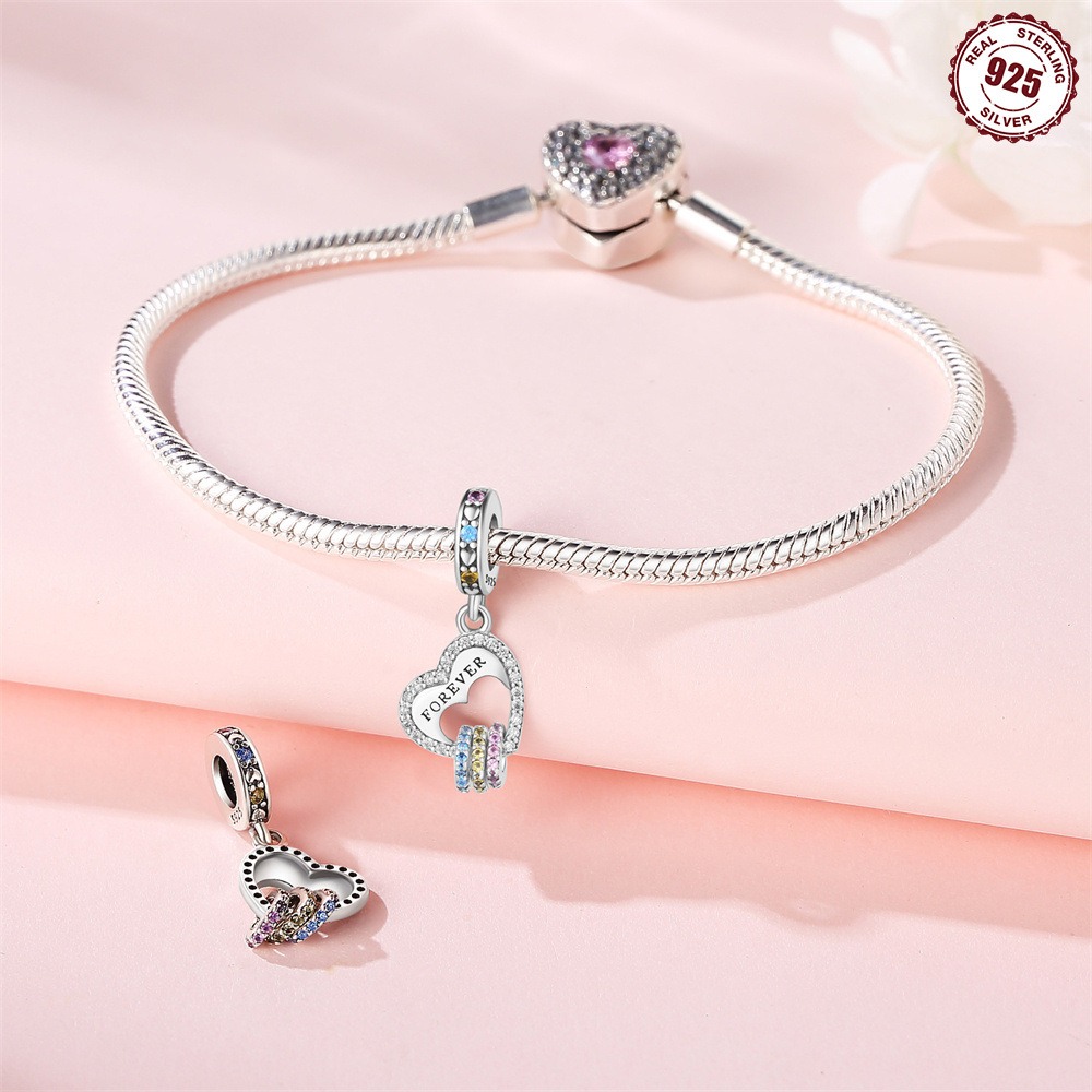 S925 Sterling Silver Beaded DIY Heart Shaped Colored Zirconia Bracelet Accessories - Image 5