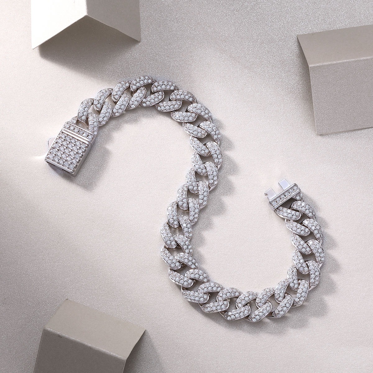 Mens Bracelet Fashion White Gold 925 Sterling Silver VVS Moissanite Diamond Link Bracelet - Image 3