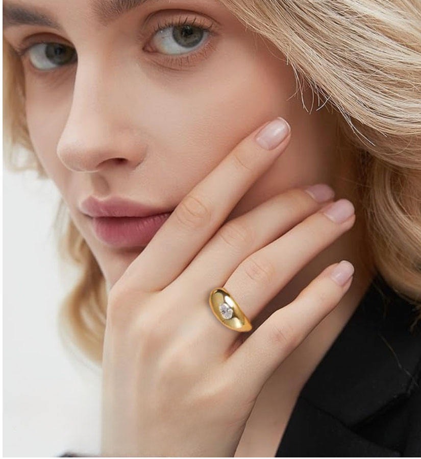 4x6mm Oval Cut Moissanite Bold Dome Ring 18K Gold Plated S925 Silver - Image 5