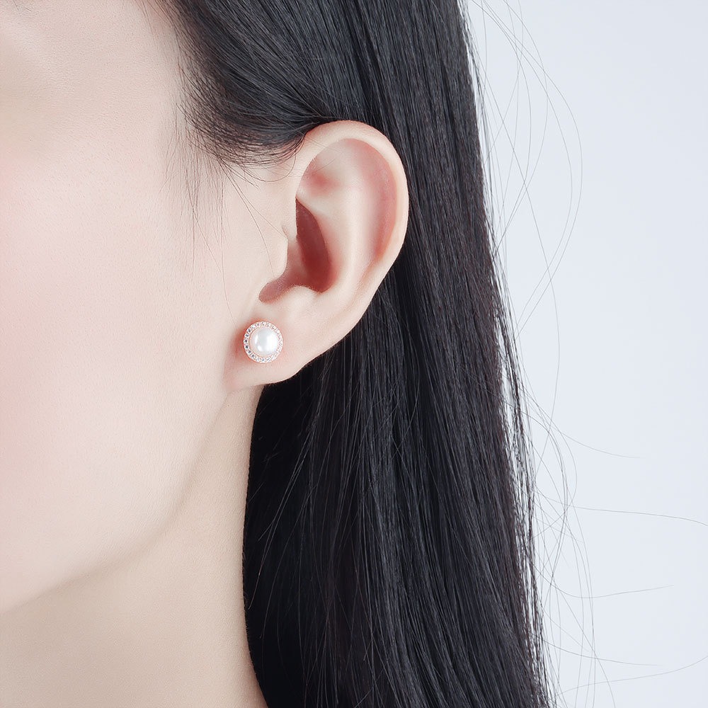 S925 sterling silver stud earrings round pearl earrings - Image 5