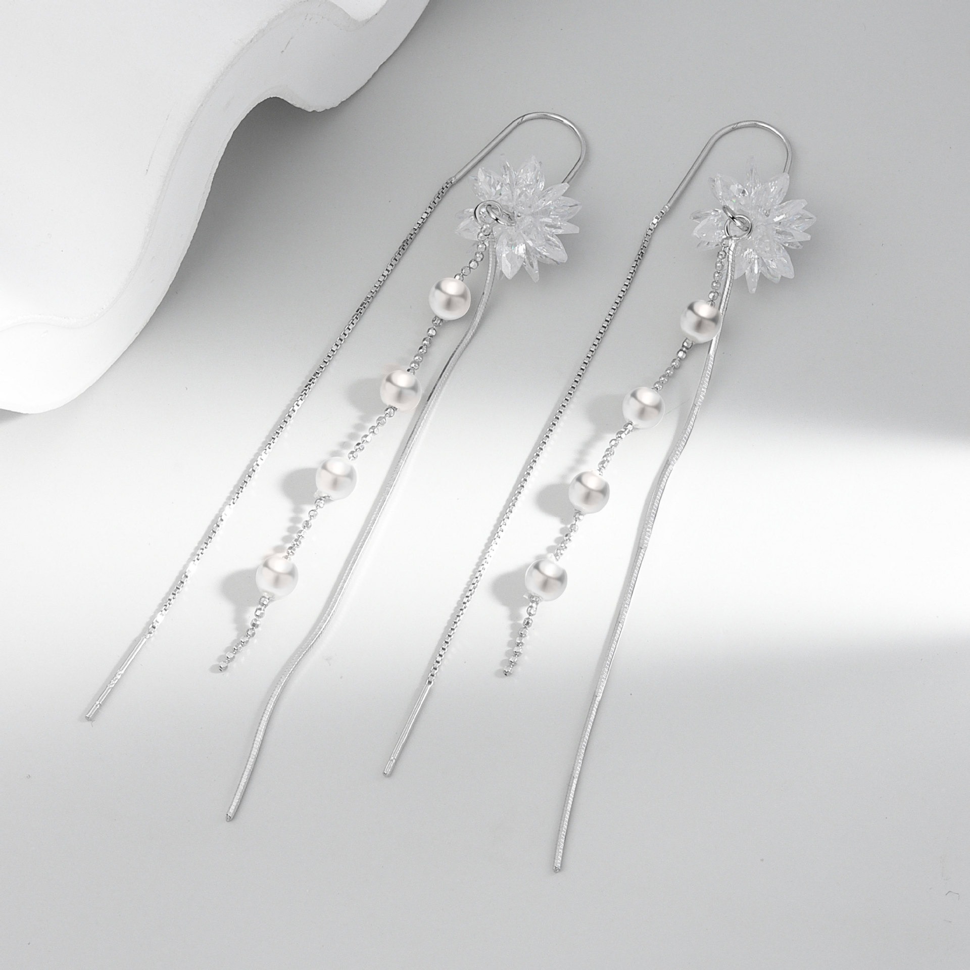S925 sterling silver stud earrings long tassel pearl earrings - Image 3