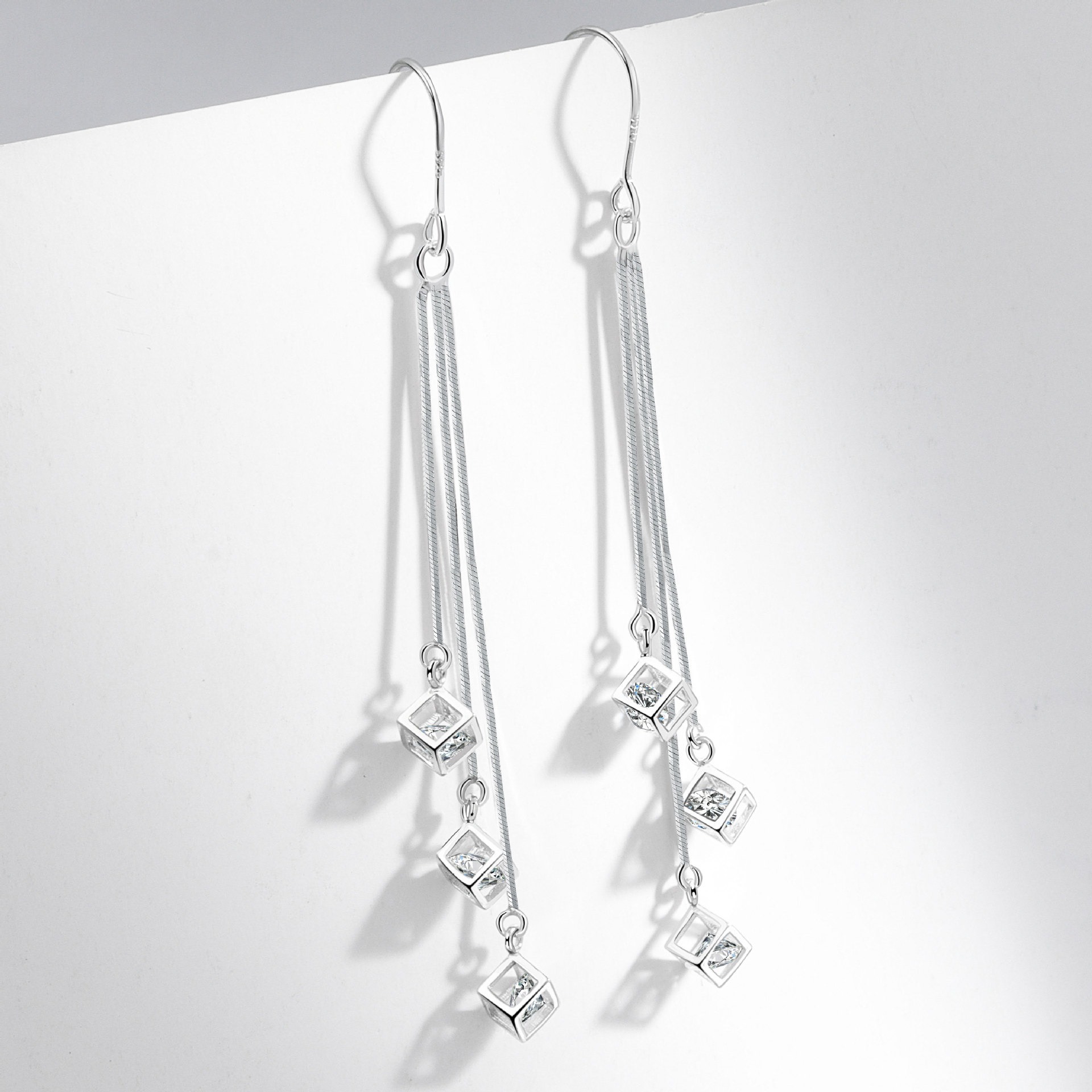 S925 sterling silver stud earrings long tassel cube earrings - Image 2