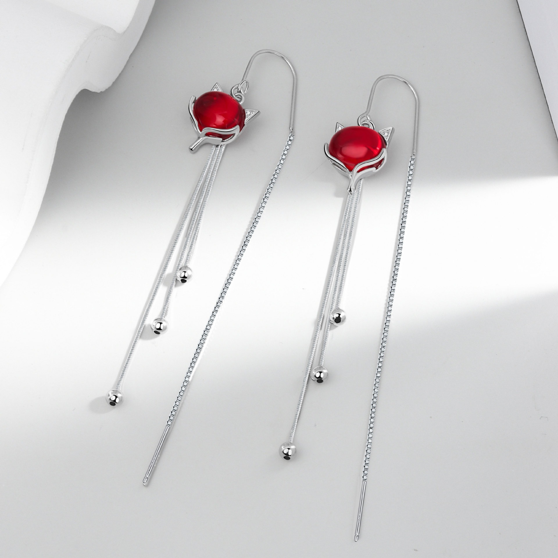 S925 sterling silver stud earrings tassel red fox earrings - Image 2