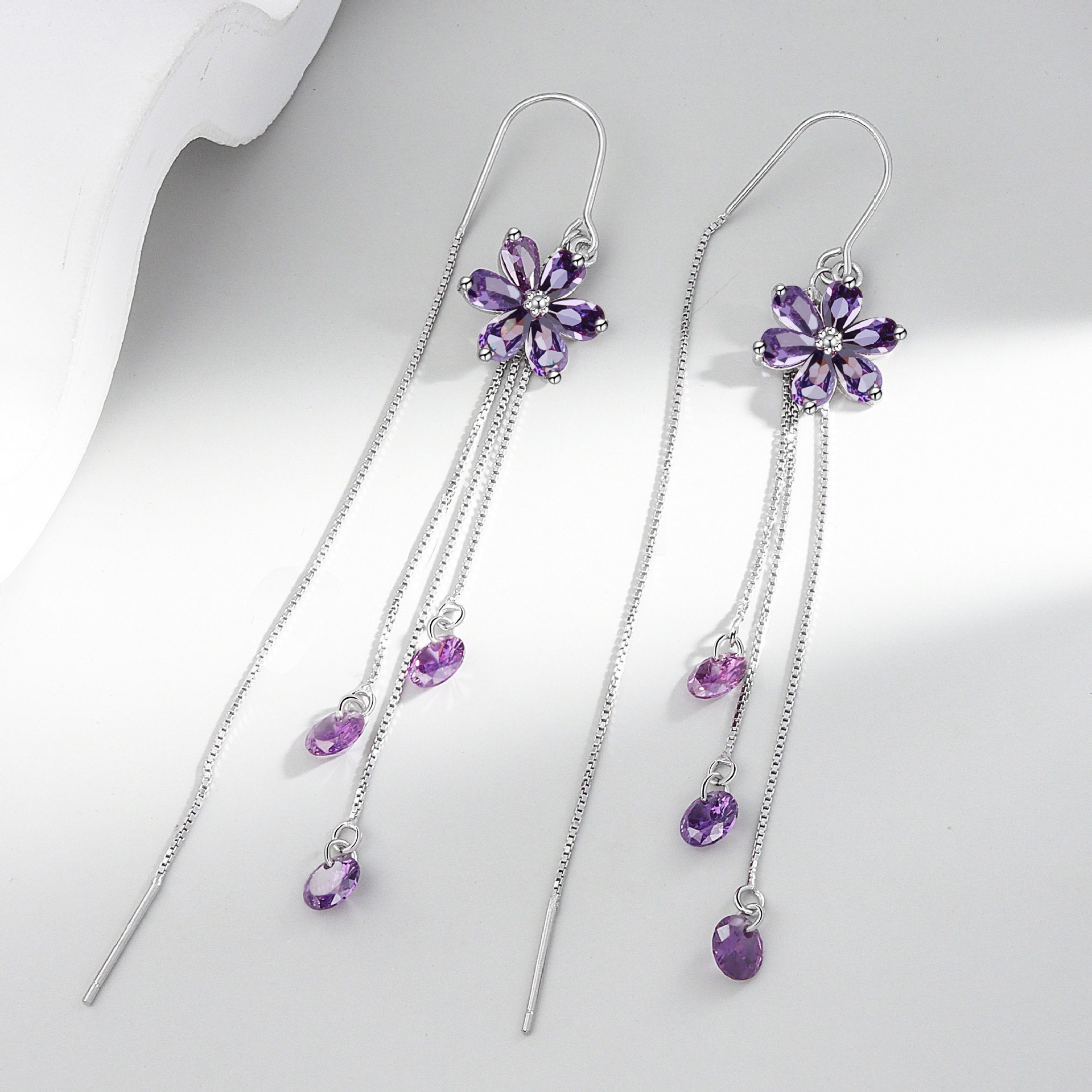 S925 sterling silver stud earrings tassel crystal flower earrings - Image 3