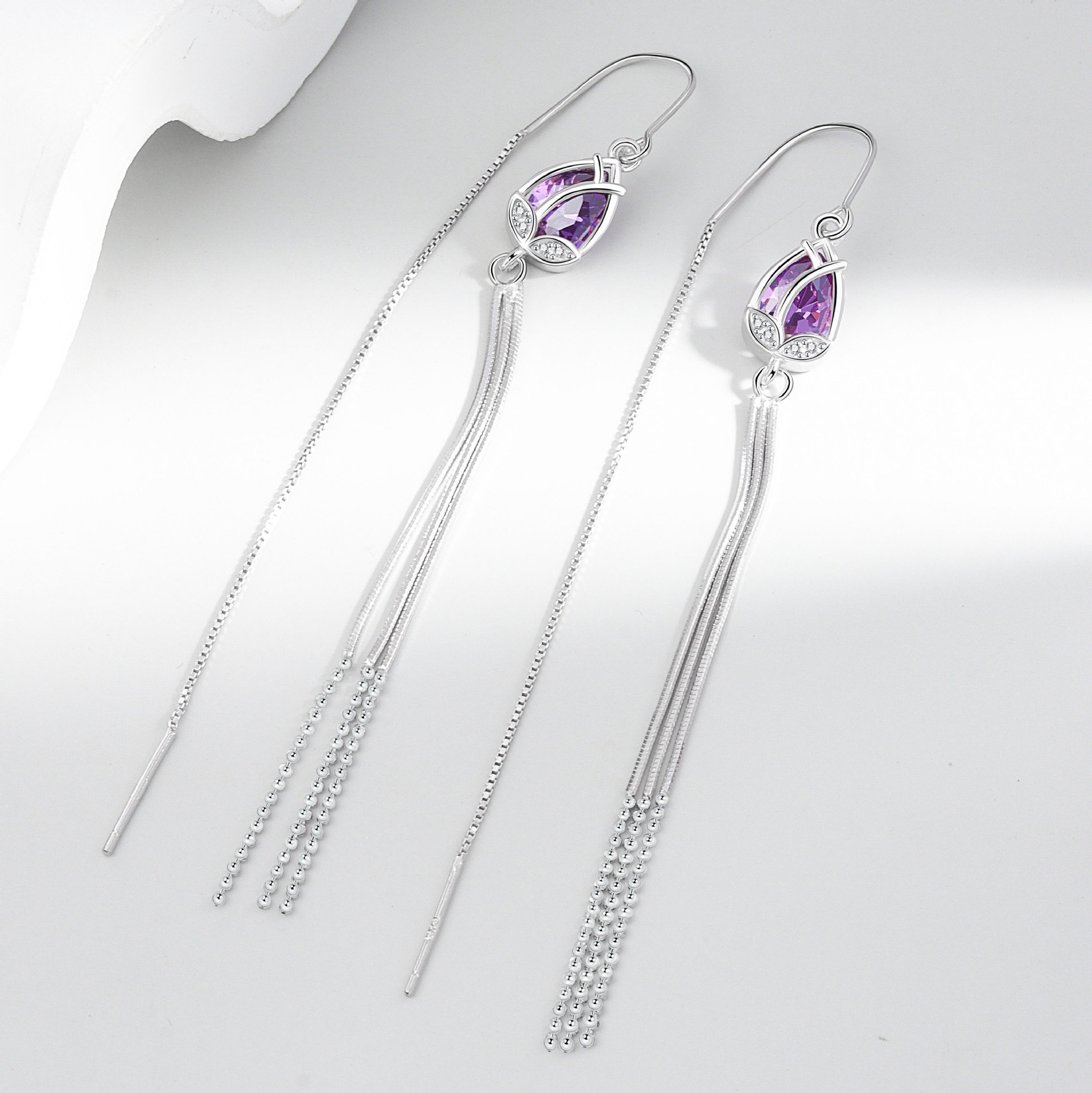 S925 sterling silver stud earrings tassel purple tulip earrings - Image 2