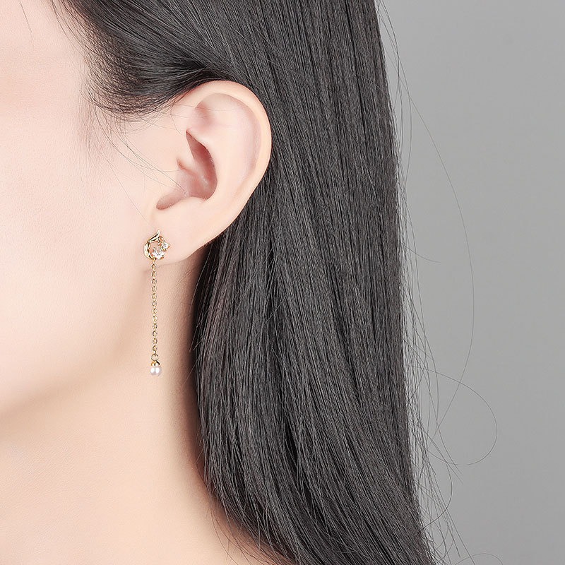 S925 sterling silver stud earrings with tassel pearl earrings - Image 5