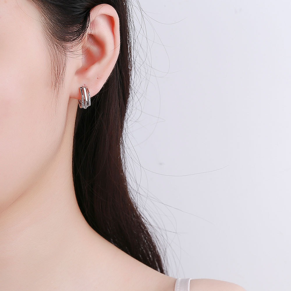 S925 sterling silver stud earrings with three rows of zircon earrings - Image 5