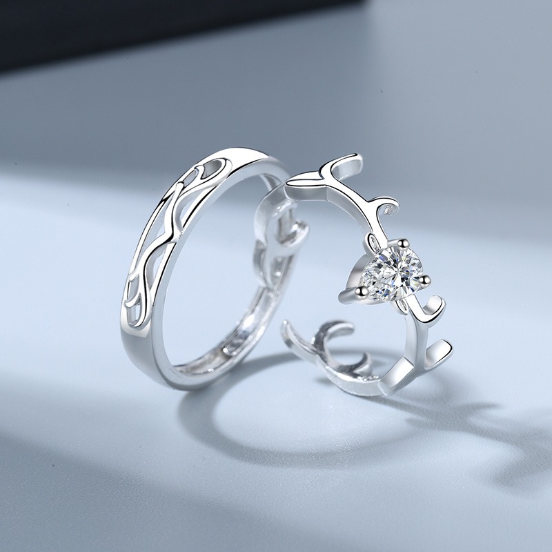 S925 sterling silver ring opening adjustable antler couple ring - Image 4