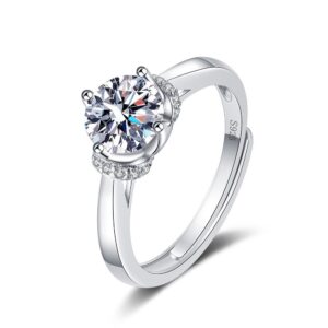 S925 Sterling Silver Ring 1 Carat GRA Moissanite Open Adjustable Ring for Women