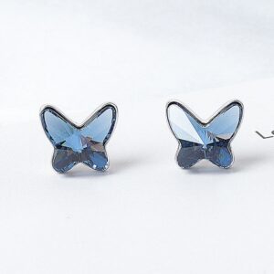 S925 sterling silver stud earrings blue crystal butterfly pendant