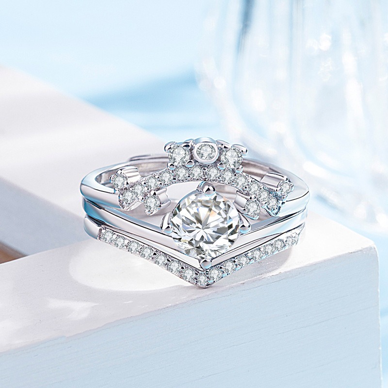S925 sterling silver ring opening adjustable 3-in-1 combo ring for women - Image 2