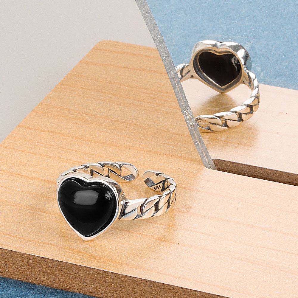 S925 sterling silver ring opening adjustable heart agate ring for women - Image 2