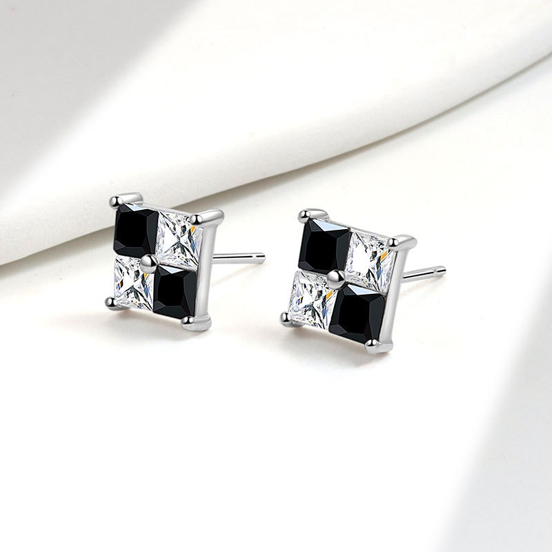 S925 sterling silver stud earrings square black and white checkerboard earrings - Image 3