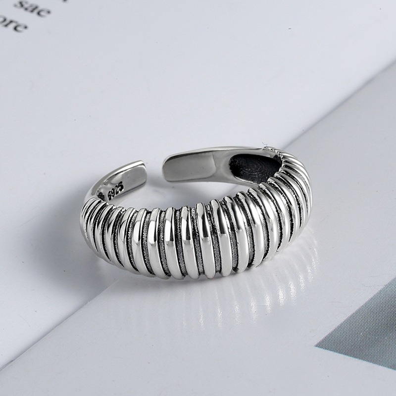 S925 sterling silver ring opening adjustable glossy stripe ring - Image 3