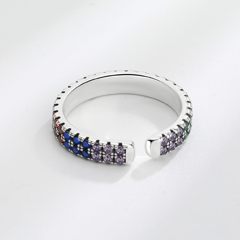 S925 Sterling Silver Ring Opening Adjustable Rainbow Full Diamond Ladies Ring - Image 3