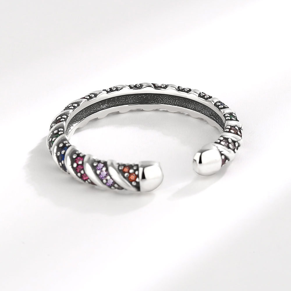 S925 Sterling Silver Ring Opening Adjustable Colored Striped Women's Ring - Image 3