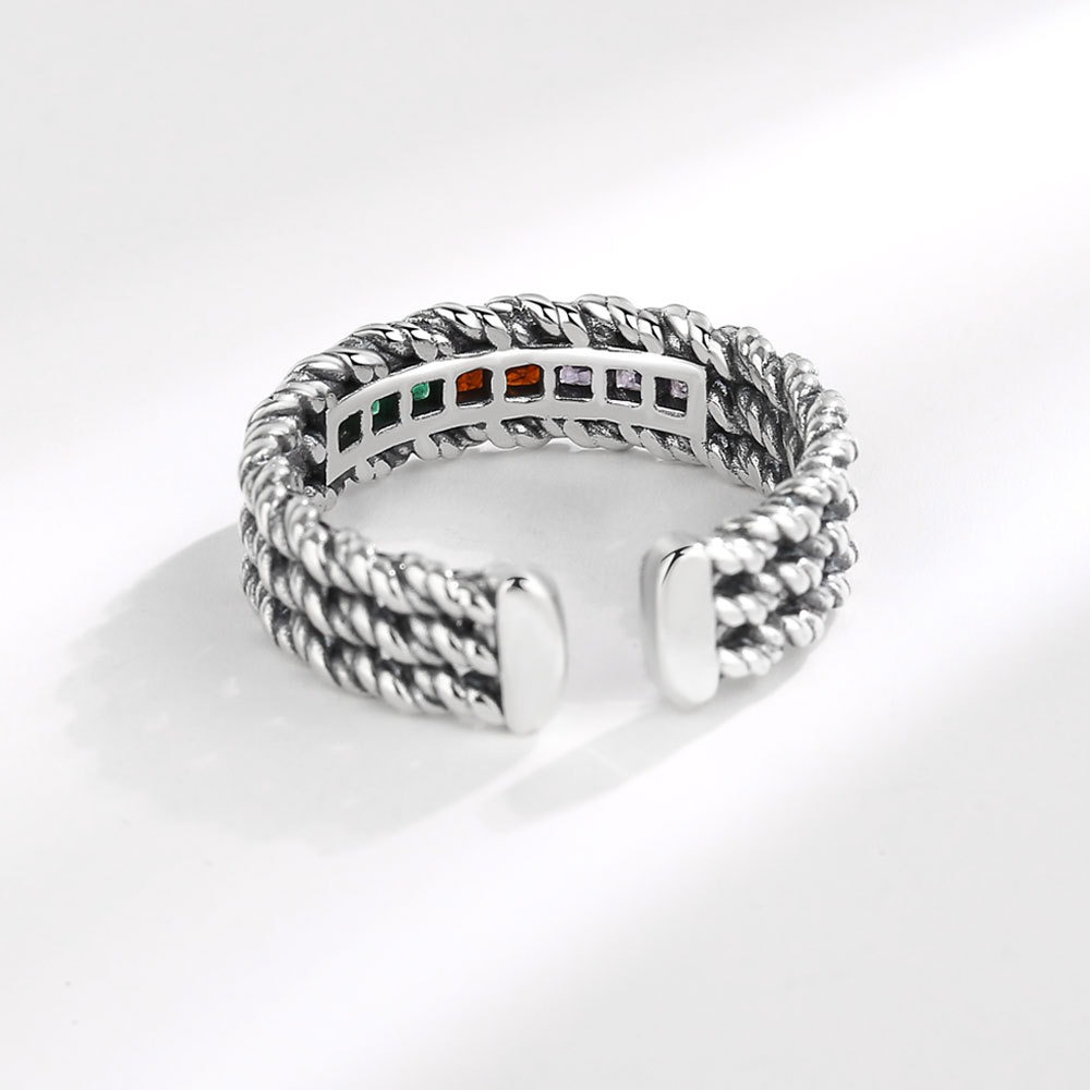 S925 Sterling Silver Ring Opening Adjustable Colored Striped Women's Ring - Image 3