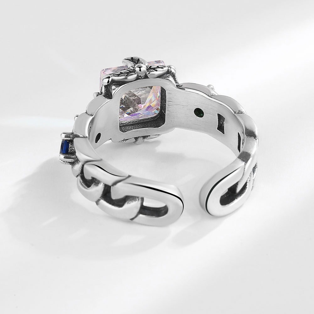 S925 sterling silver ring opening adjustable colorful zircon women's ring - Image 3