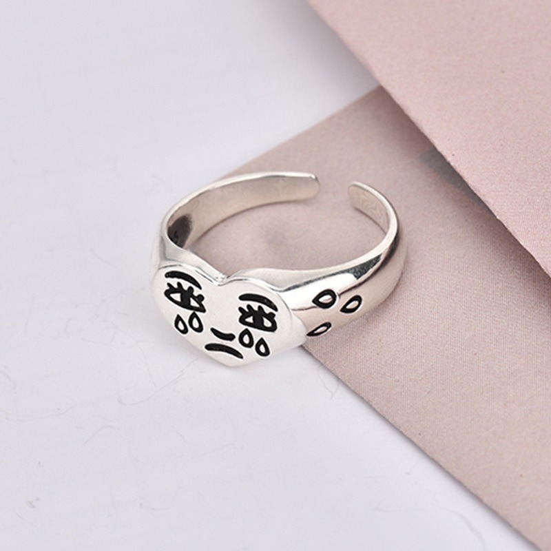 S925 sterling silver ring opening adjustable tear face women's ring - Image 3