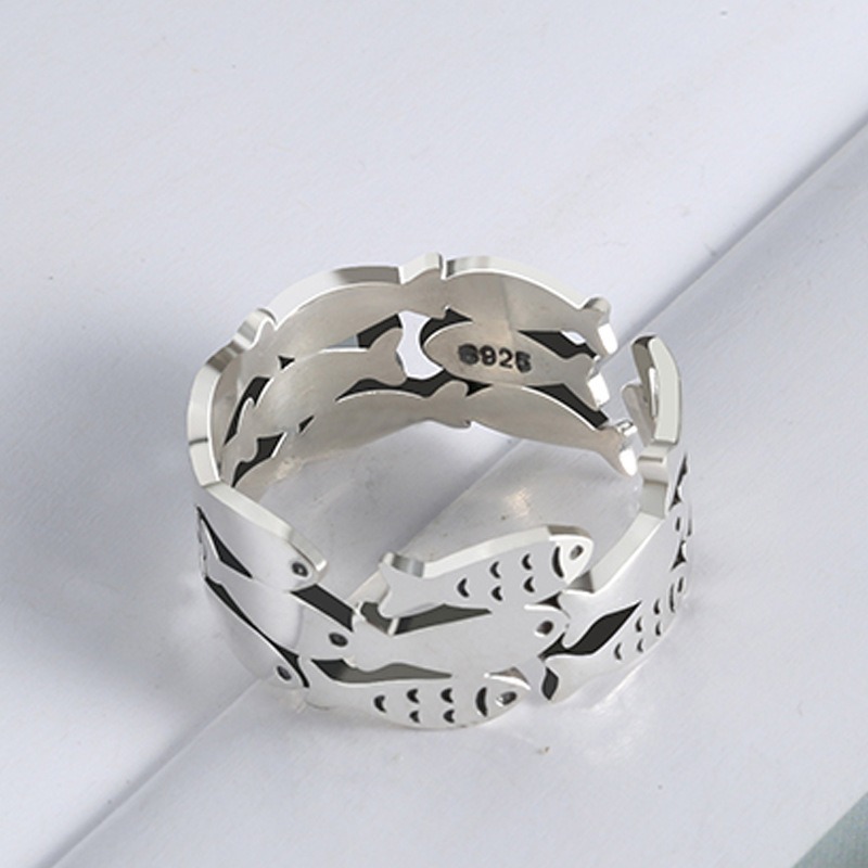 S925 sterling silver ring opening adjustable small fish women's ring - Image 3