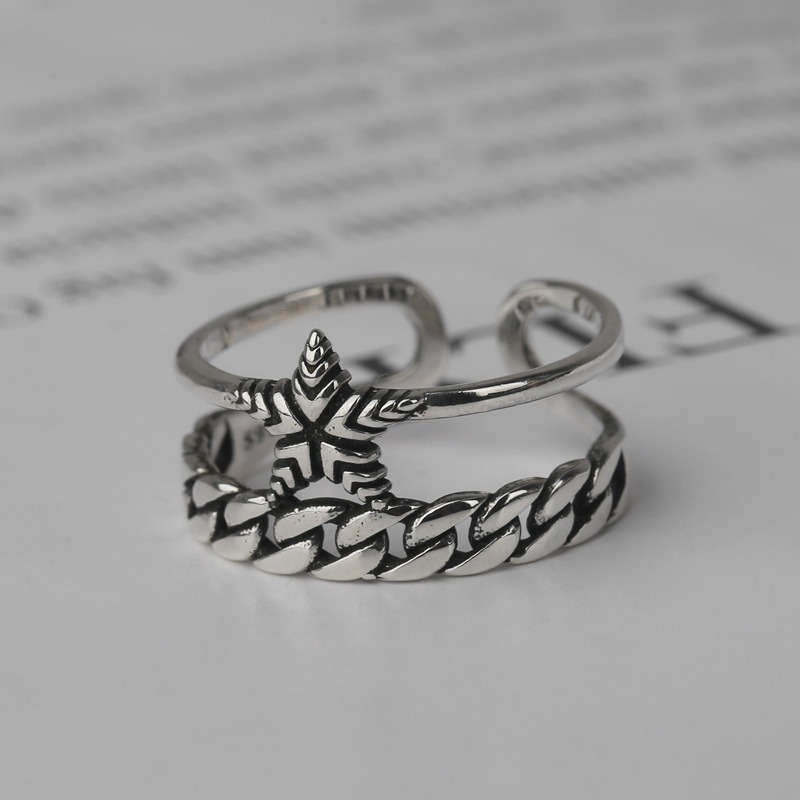 S925 sterling silver ring opening adjustable pentagram chain women's ring - Image 3