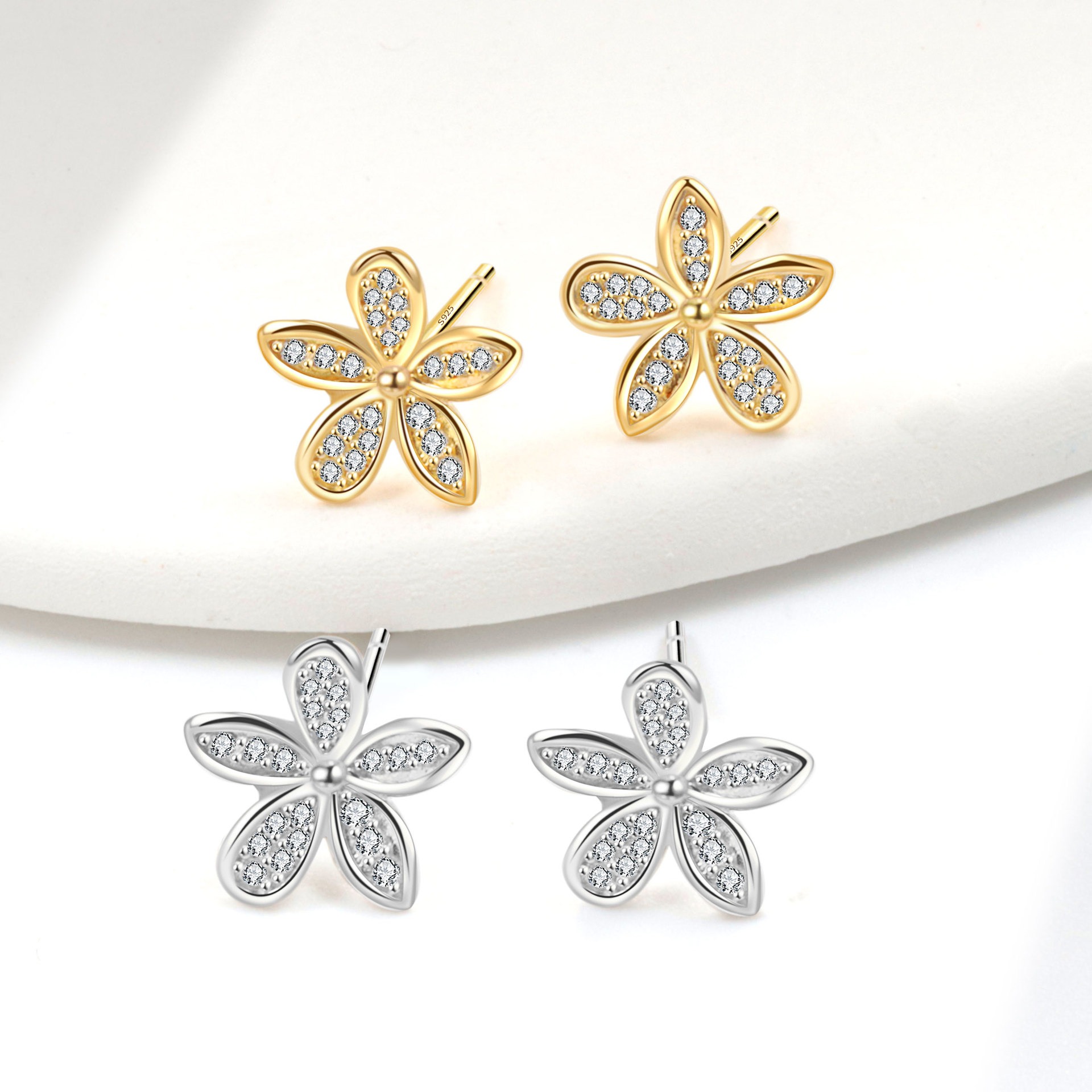 S925 sterling silver stud earrings zircon flower earrings - Image 4