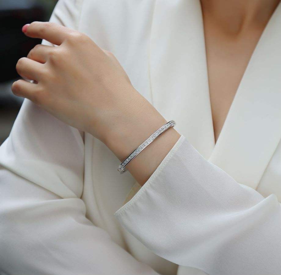 3MM D VVS1 Moissanite Bangle for Women, S925 Silver, 18k White Gold Plated, GRA Certified, Christmas Gift Bracelet - Image 6