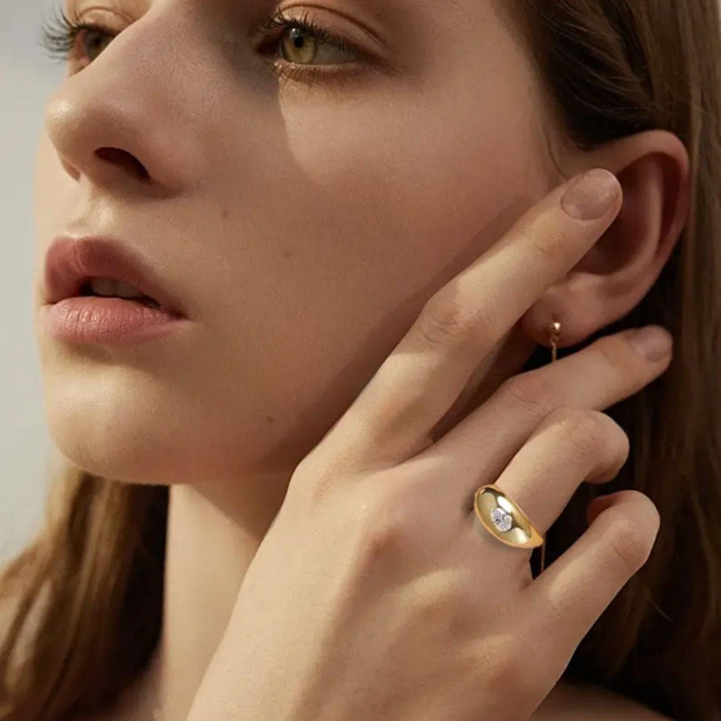 4x6mm Oval Cut Moissanite Bold Dome Ring 18K Gold Plated S925 Silver - Image 6