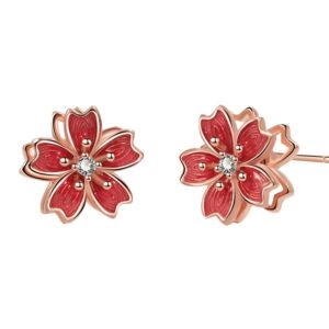 S925 sterling silver stud earrings red cherry blossom rotatable earrings