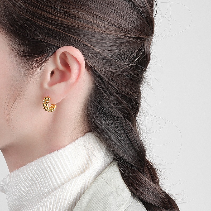 S925 sterling silver stud earrings with two rows of beaded earrings - Image 5