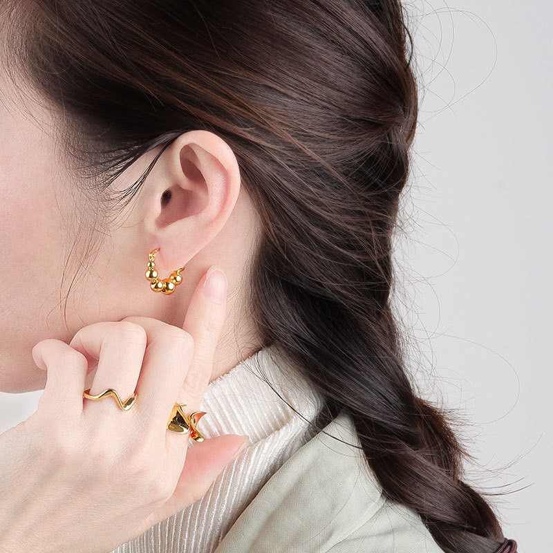 S925 sterling silver stud earrings geometric beaded earrings - Image 4