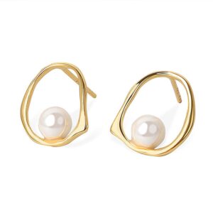 S925 sterling silver stud earrings geometric round pearl earrings