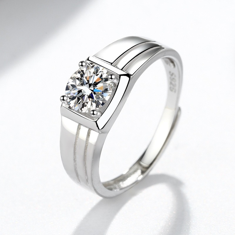 S925 Sterling Silver Ring 1 Carat GRA Moissanite Open Adjustable Men's Ring - Image 2